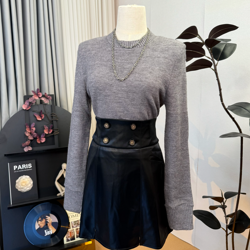 【商场同款】短款垫肩圆领秋冬简约纯色长袖套头羊绒针织衫5399658