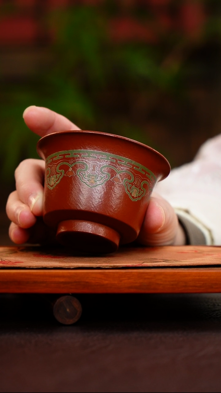 茶壶紫砂马蹄杯 大红袍 嵌银填彩 