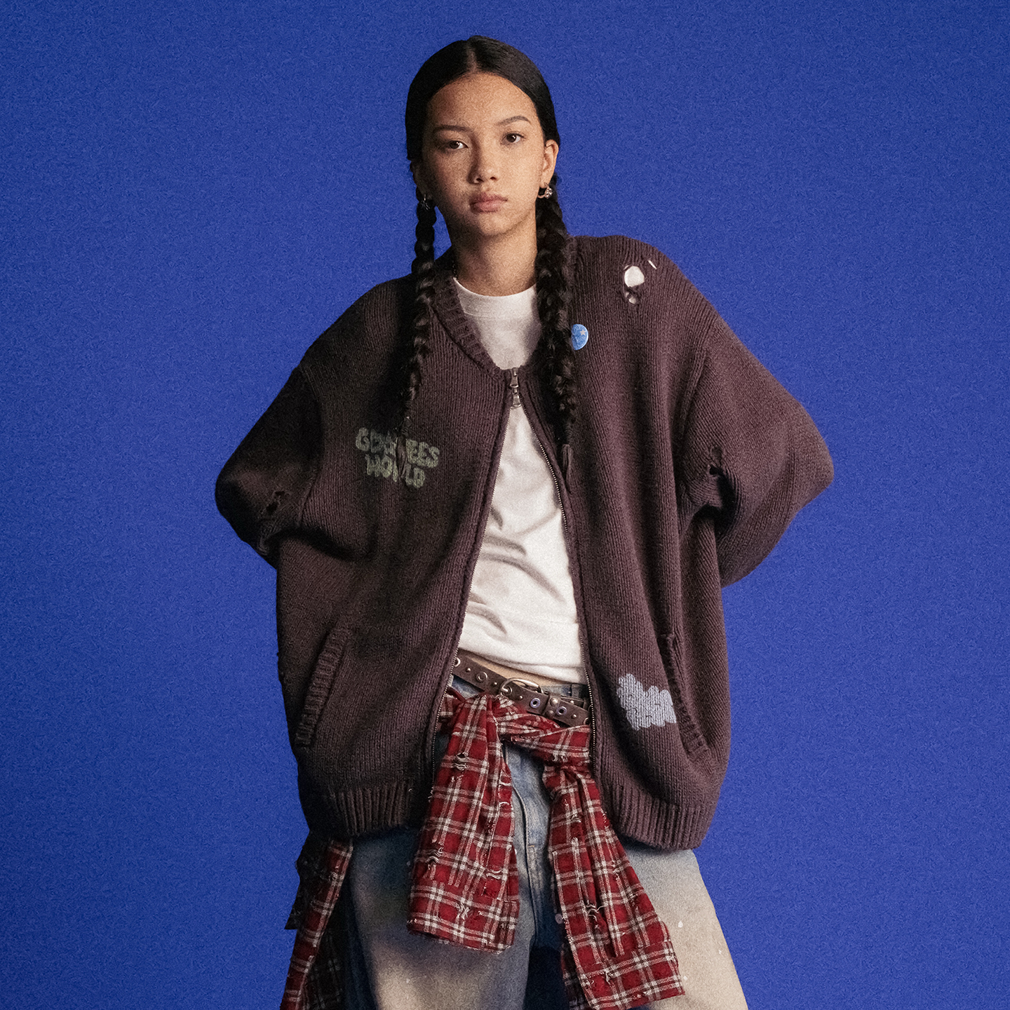 GOODBAI GOODEES破洞印花圆领毛衣开衫