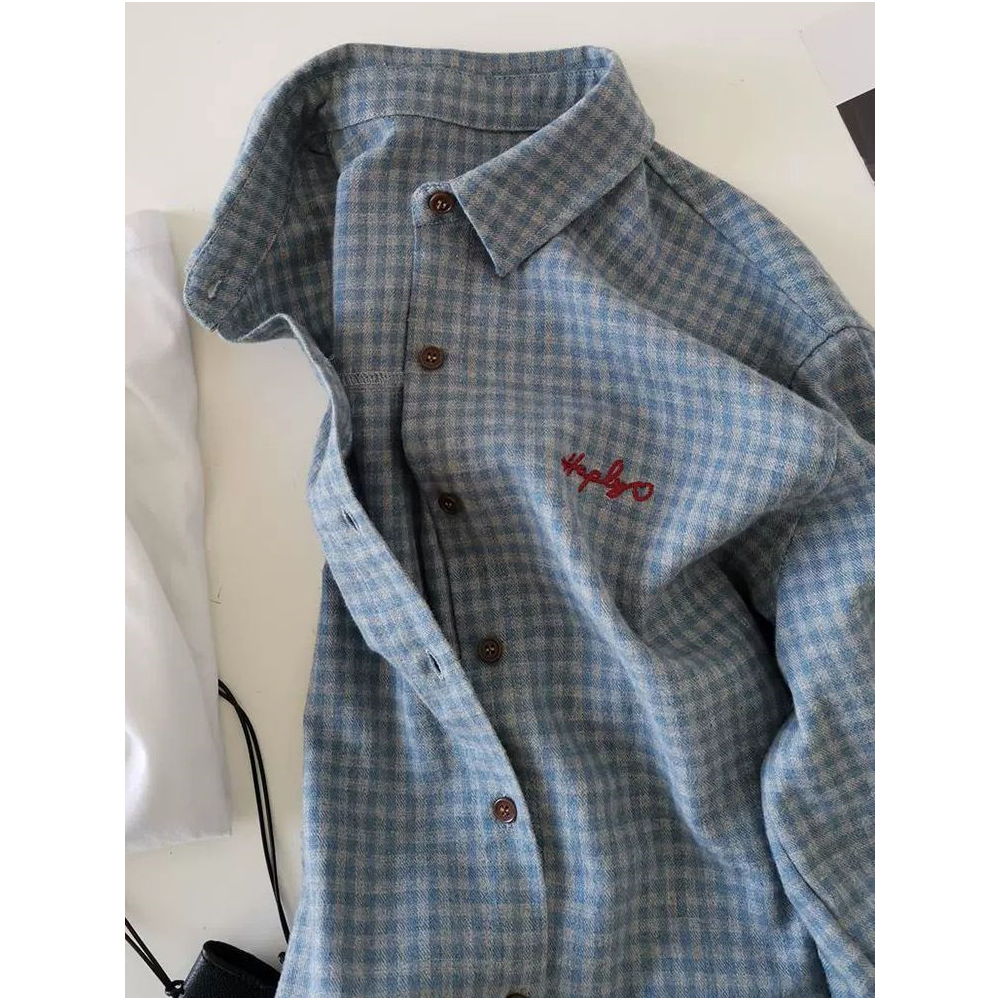 韩系蓝色格子刺绣Polo领衬衫外套女春秋外搭磨毛衬衣宽松翻领上衣