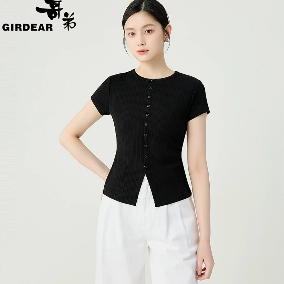 GIRDEAR/哥弟新款深色修身女士前中小开叉设计套头短袖t恤130031