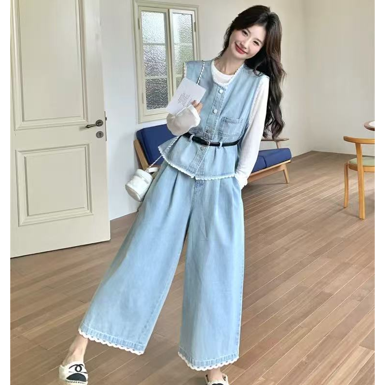 女装新款蕾丝拼接牛仔马夹+衬衫阔腿裤三件套时尚套装  231 K