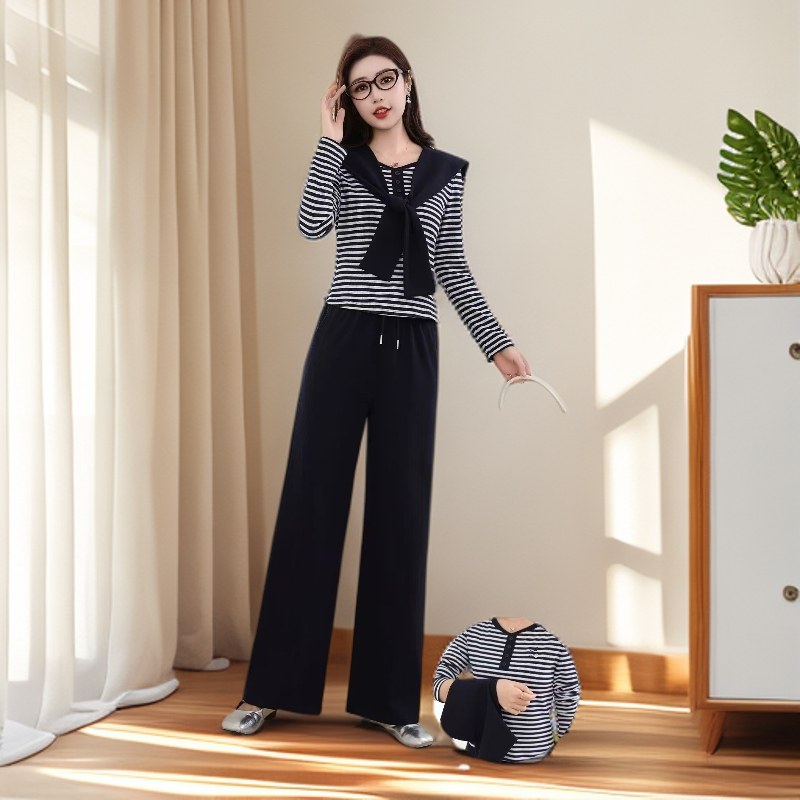 8936#【木兮兮专属】2025年秋冬季新款气质时尚条纹修身百搭套装女