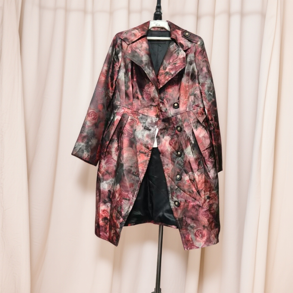 秋季翻领玫瑰印花中长款风衣气质大衣外套C811