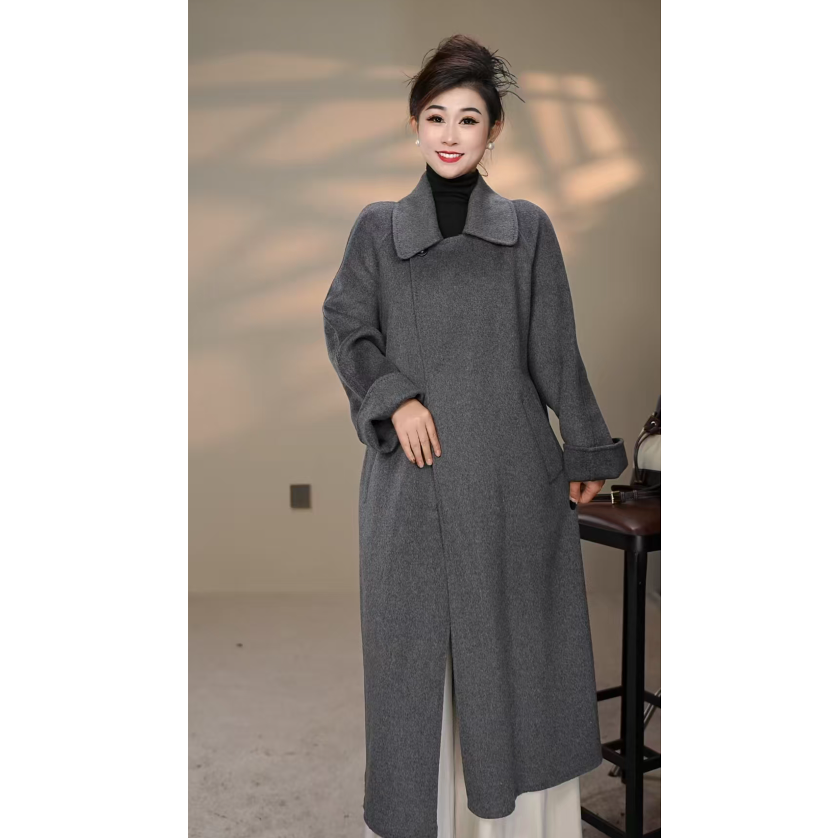 瑾阁25冬款高级款式气质慵懒风长款大衣外套8825