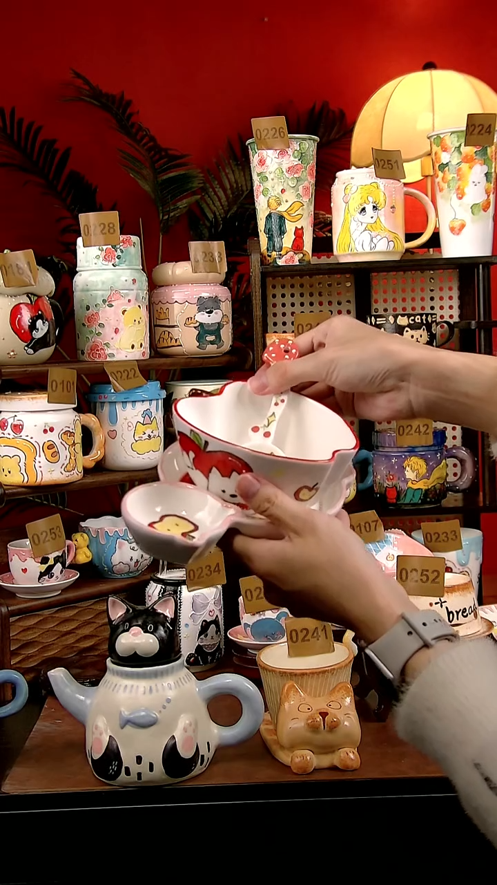 杯子瓷猫*仔DIY景德镇陶瓷手工创意卡通风碗盘勺子三件套