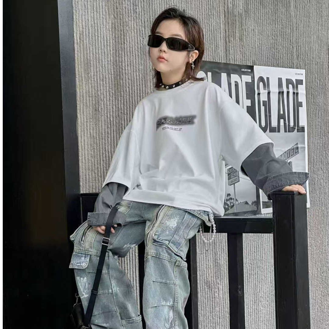 潮牌假两件设计T桖卫衣68081百搭宽松韩版拼接长袖美式设计感时尚