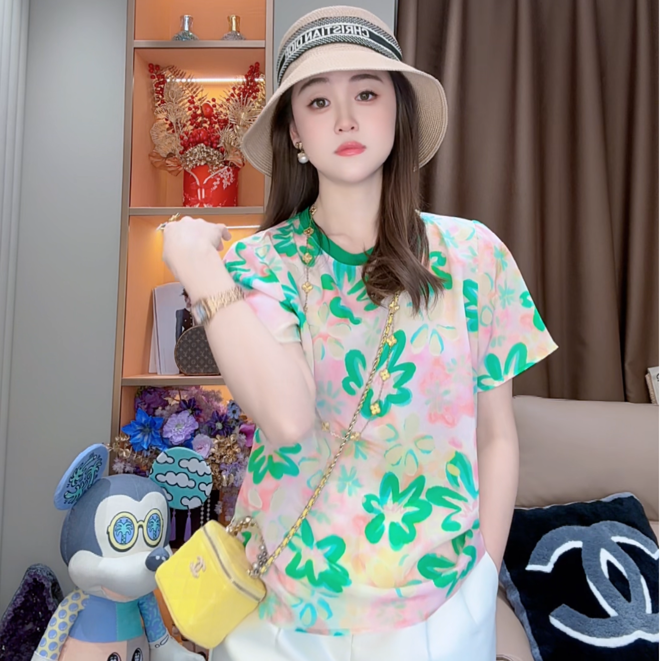 【丝芙玉禄】（F676）100%真丝双绉创意绿色减龄气质桑蚕丝t恤上衣