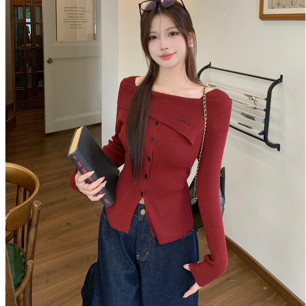 大码设计感一字肩长袖针织衫女秋季2025新款时尚胖mm显瘦百搭上衣