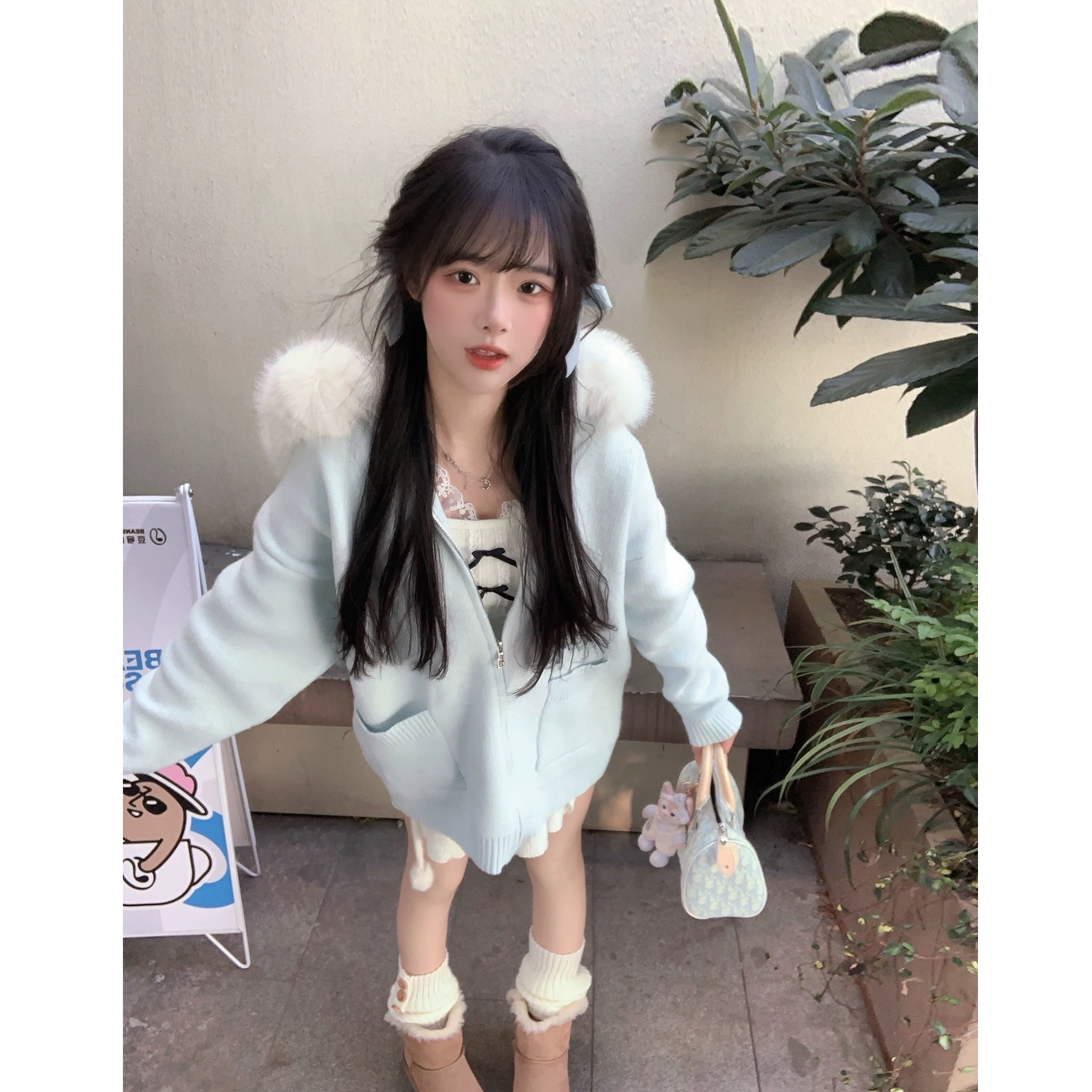 1122双拉链法式气质毛领连帽设计感女新款显瘦针织秋冬季外套
