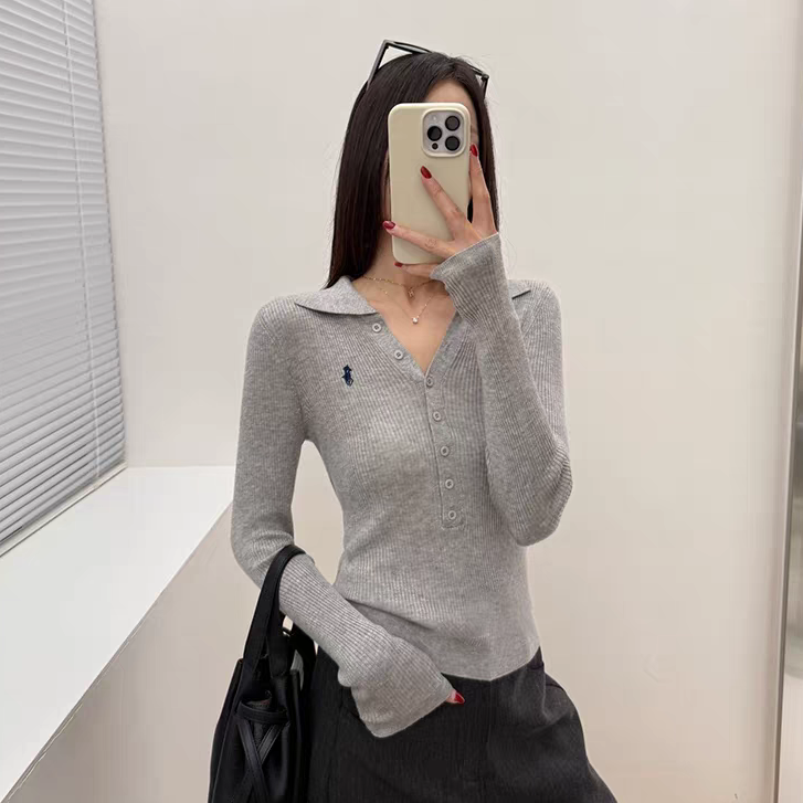 高级老钱风排扣polo领针织衫女秋季新款修身显瘦刺绣上衣