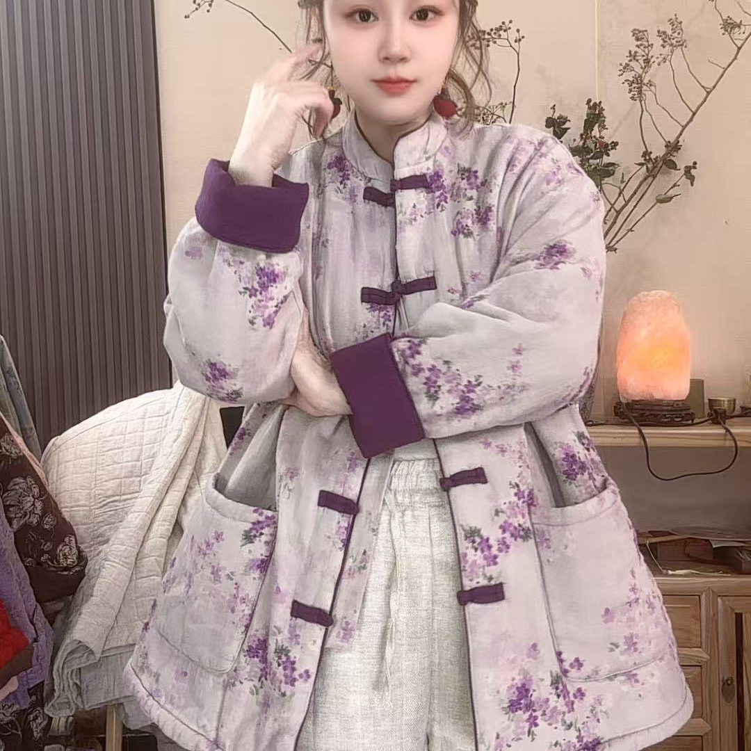 2025款亚麻棉衣复古保暖中长款厚款棉服棉衣上衣外套