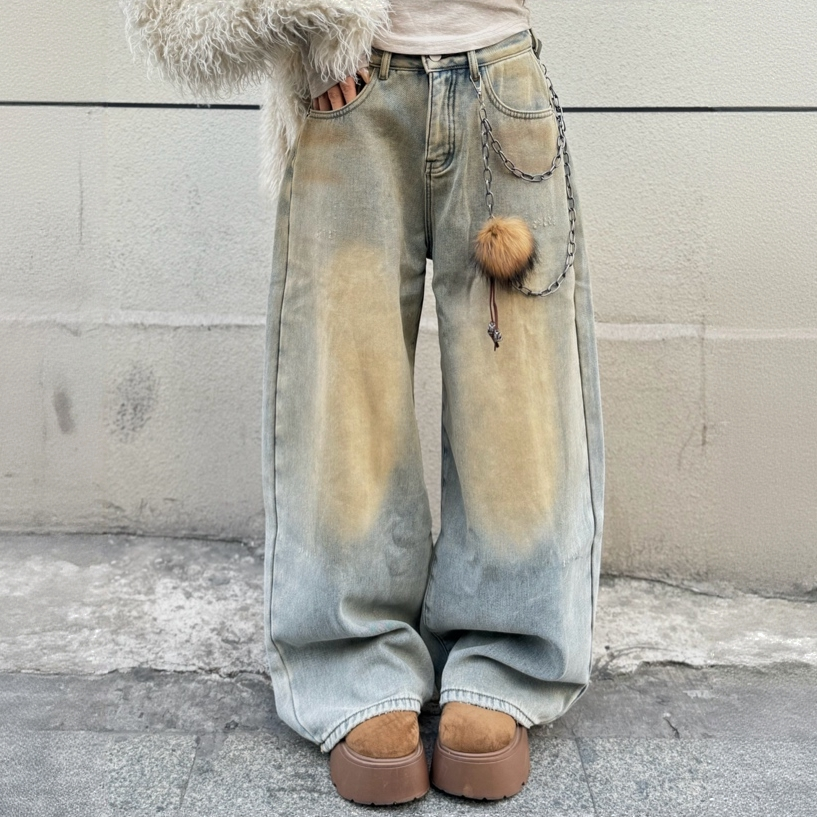 小凤家/定制牛仔裤黄泥做旧加绒高腰显瘦宽松阔腿慵懒风拖地裤女