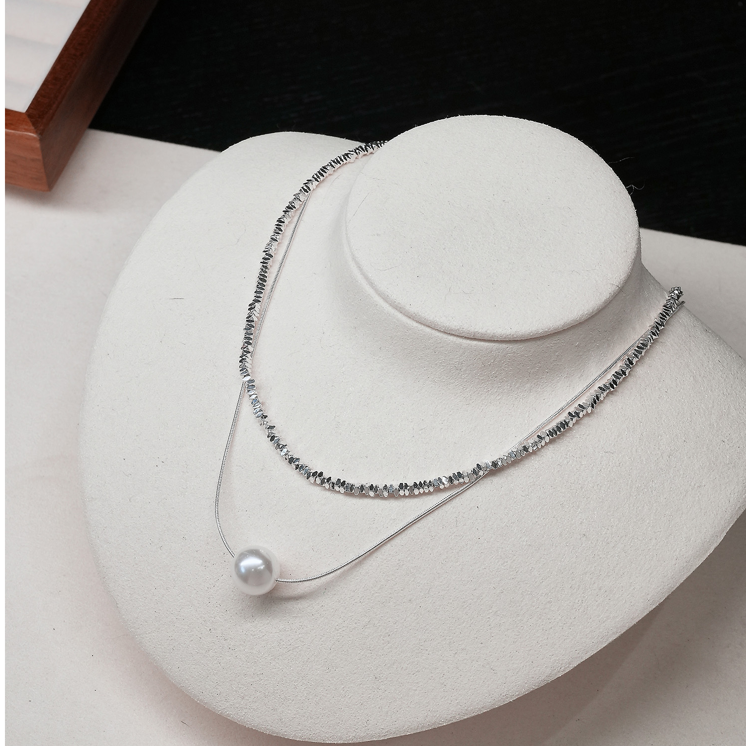 铜合金项链 闪闪碎银*一粒珍珠项链女轻奢高级感双层叠戴气质颈链