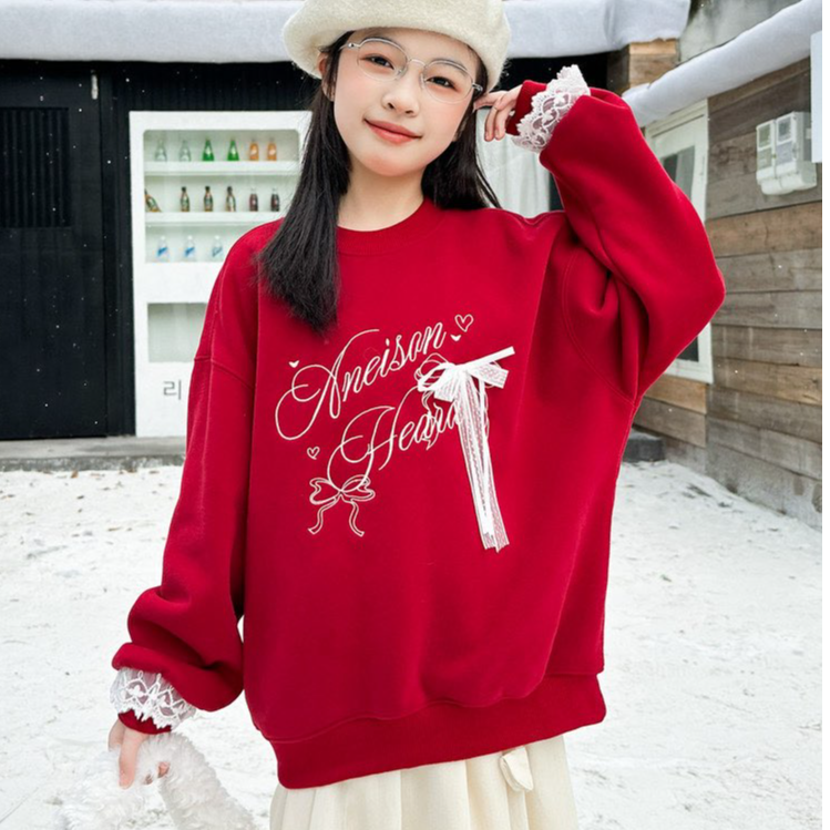 女童冬季加绒卫衣红色新年衣服中大童加绒加厚保暖上衣