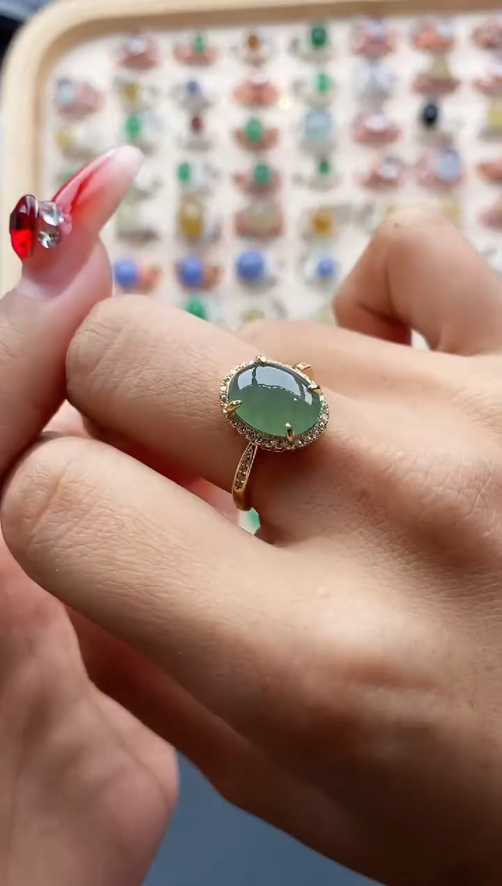 【闪购商品】翡翠戒指银S925镶嵌缅甸天然A货翡翠444 9+1