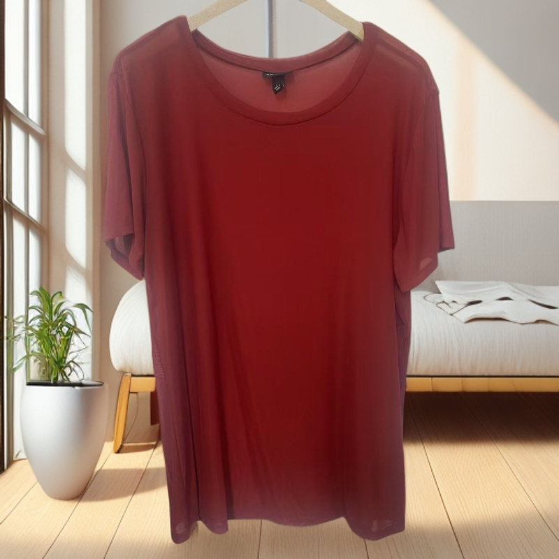 7606圆领网纱短袖T恤女上衣纯色休闲百搭