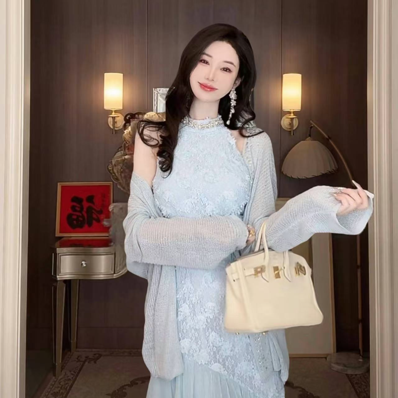 【雅乔定制】时髦百搭烫钻珍珠扣针织开衫外套DYTH-24123665