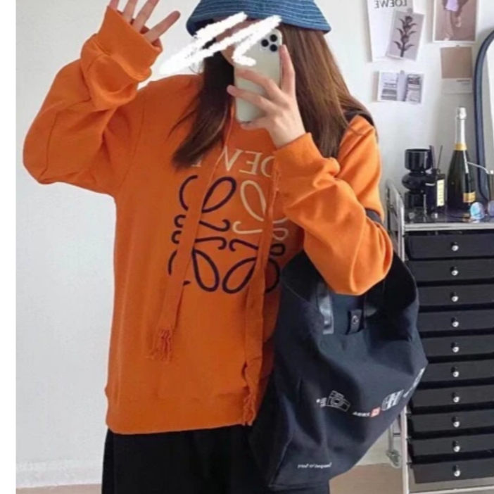 未使用 LOEWE/罗意威 汤/P245826109/棕色刺绣大logo帽衫L