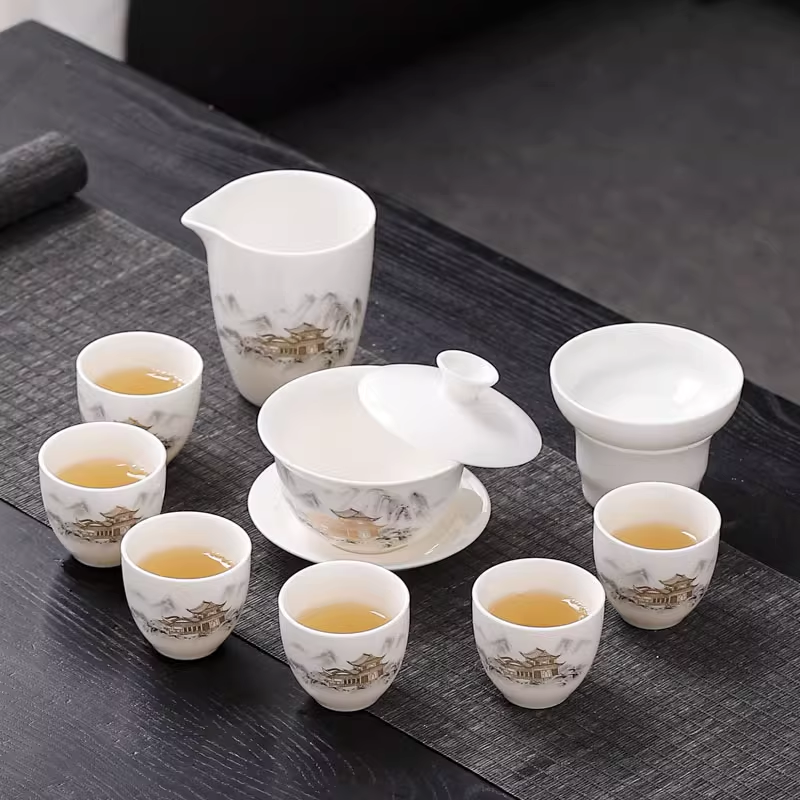 高山楼阁高档白瓷功夫茶具套装家用中式悬停泡茶盖碗办公室适用