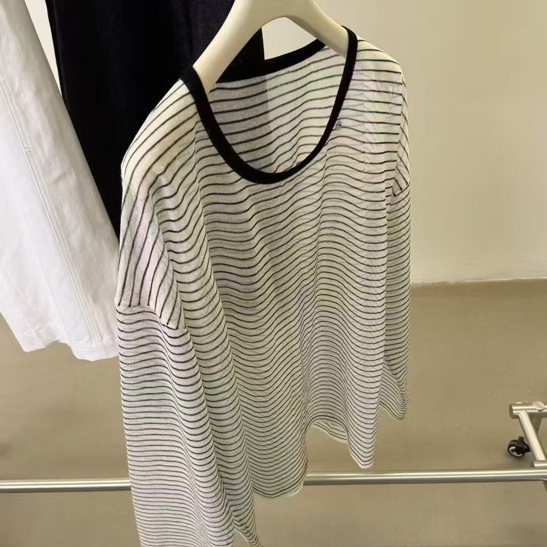 韩版气质修身T长袖通勤百搭圆领条纹宽松