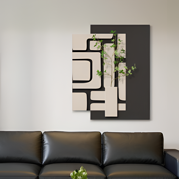 黑白简约立体抽象绿植入户门玄关客厅沙发背景餐厅装饰画