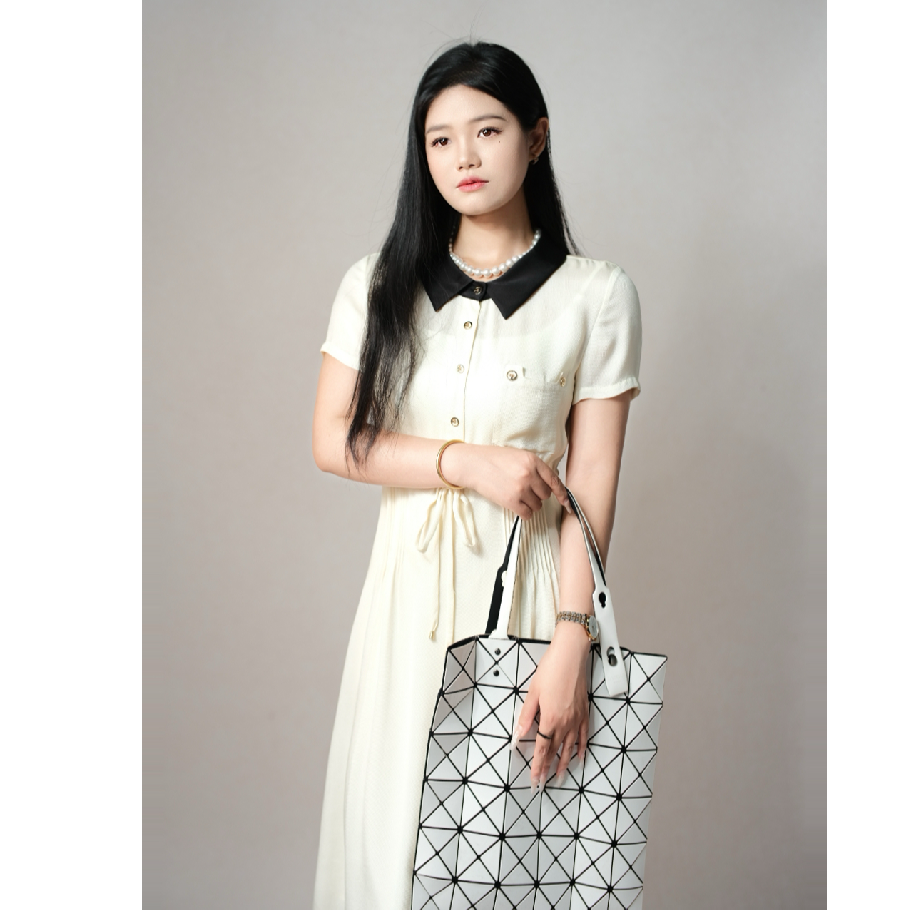 CHEN HENG翻领法式小香风宽松腰A字裙连衣裙00227