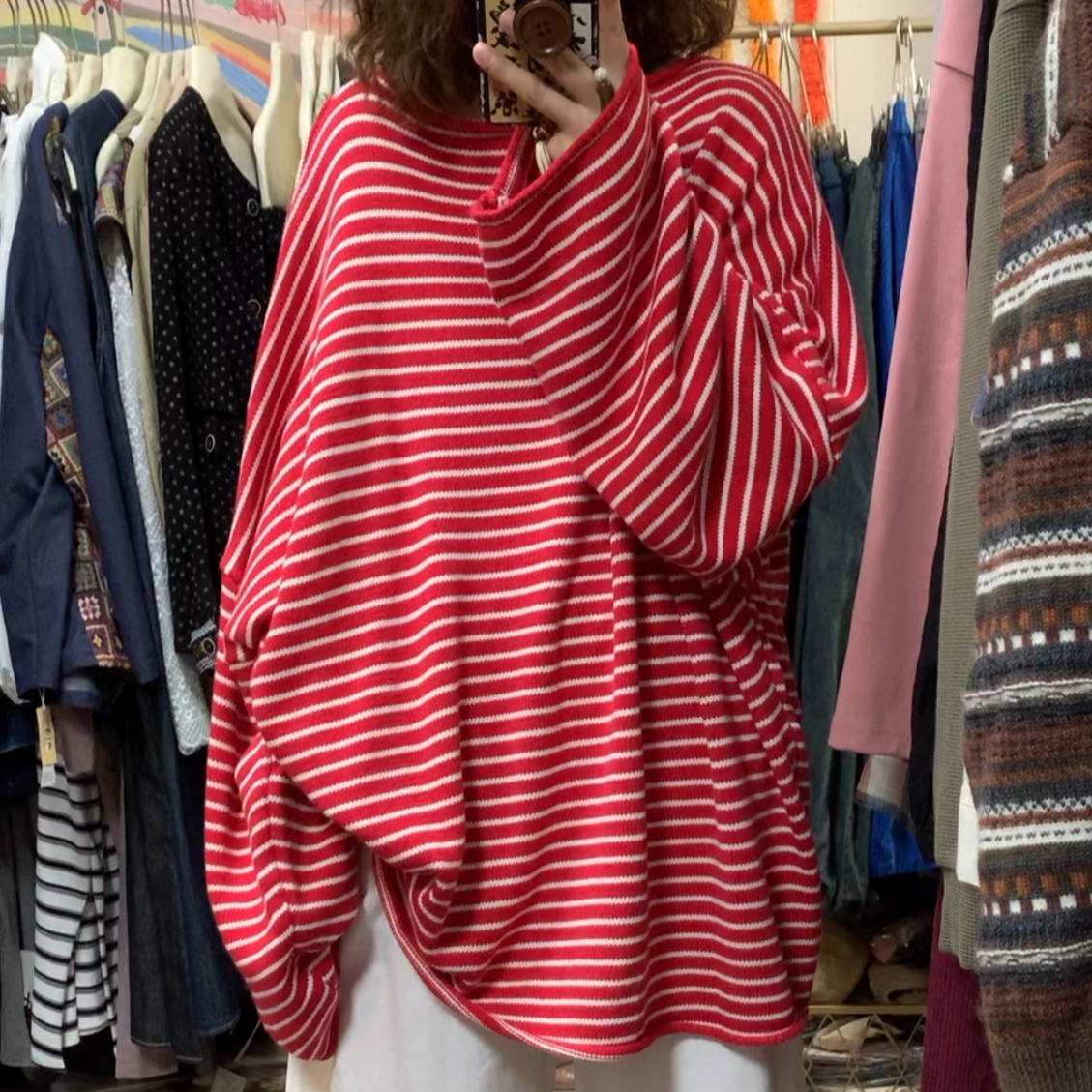 一字领卷边针织拼色条纹大版宽松毛衣