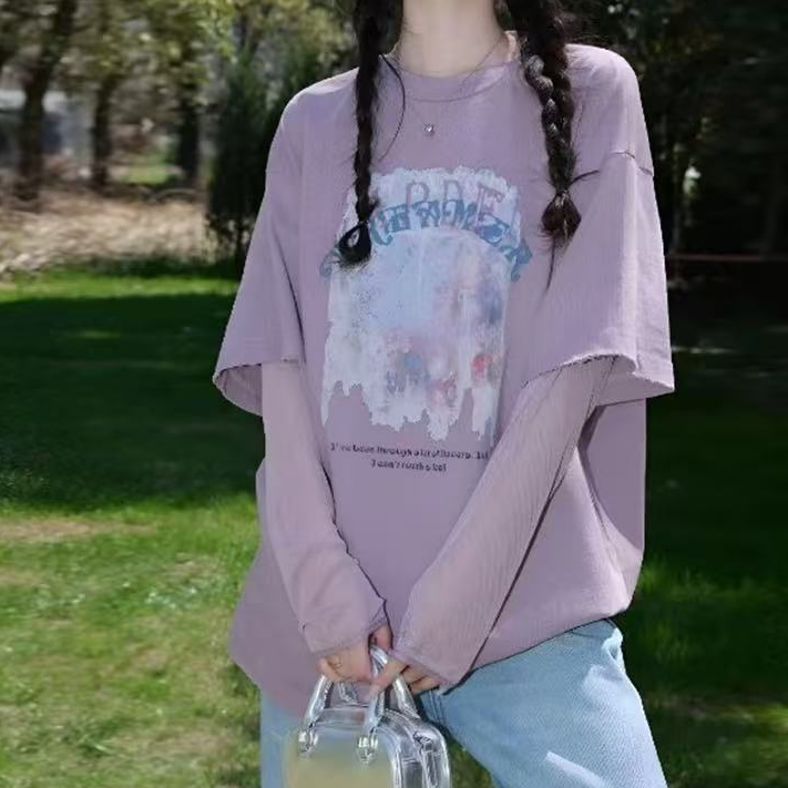 6245#【长70】2025新款圆领印花宽松拼防晒长袖大板T恤