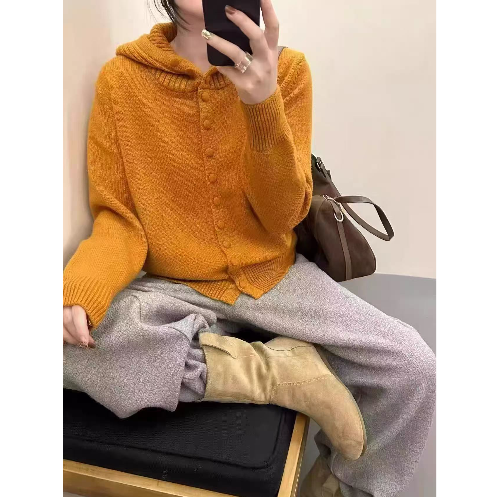 【橘黄色】欧货气质针织开衫女连帽包扣毛衣外套单排扣宽松上衣