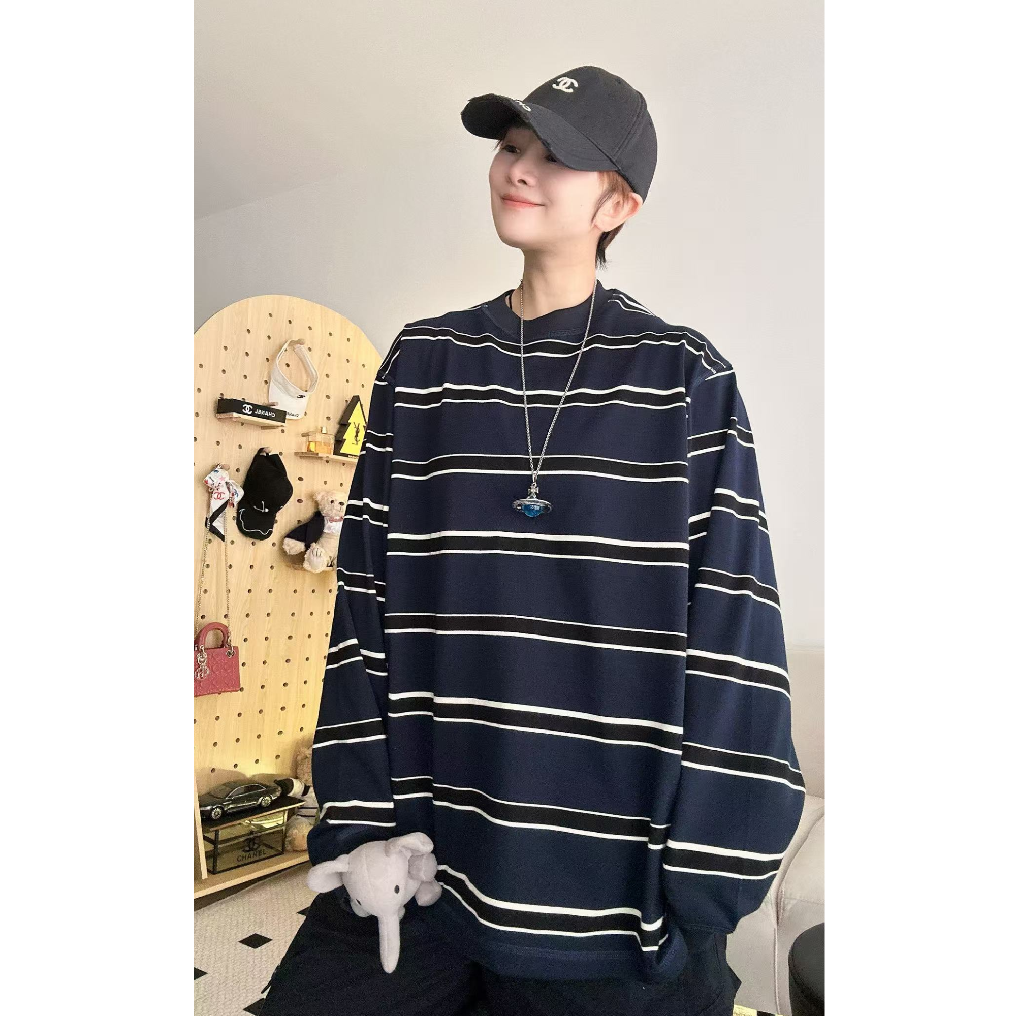 【影子】撞色条纹休闲潮流百搭宽松印花大版中长款长袖T恤