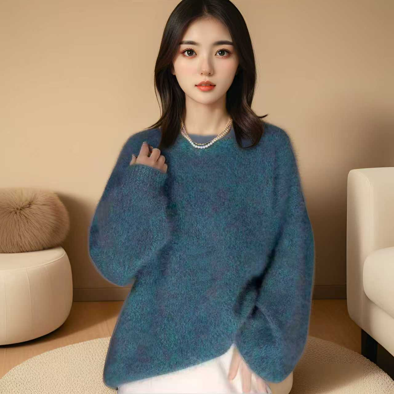 100%一线成衣羊绒羊毛圆领拉绒花纱加厚宽松毛衣