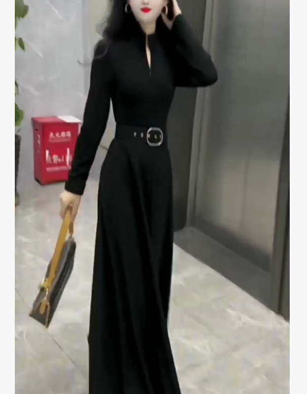 秋冬季立领半高领连衣裙长款法式时尚女装收腰显瘦FJ102406