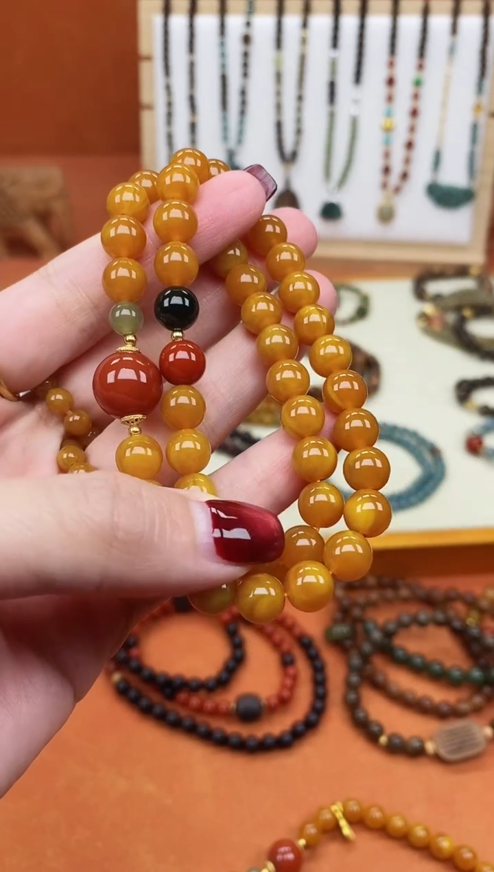 手链蜜蜡未镶嵌双圈蜜蜡和田南红手串