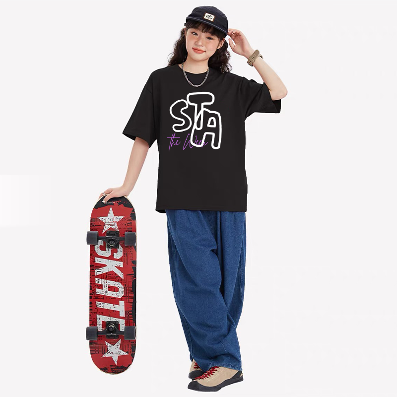 STA SOOR国潮夏季纯棉情侣款宽松ins风草写印花潮牌圆领短袖T恤