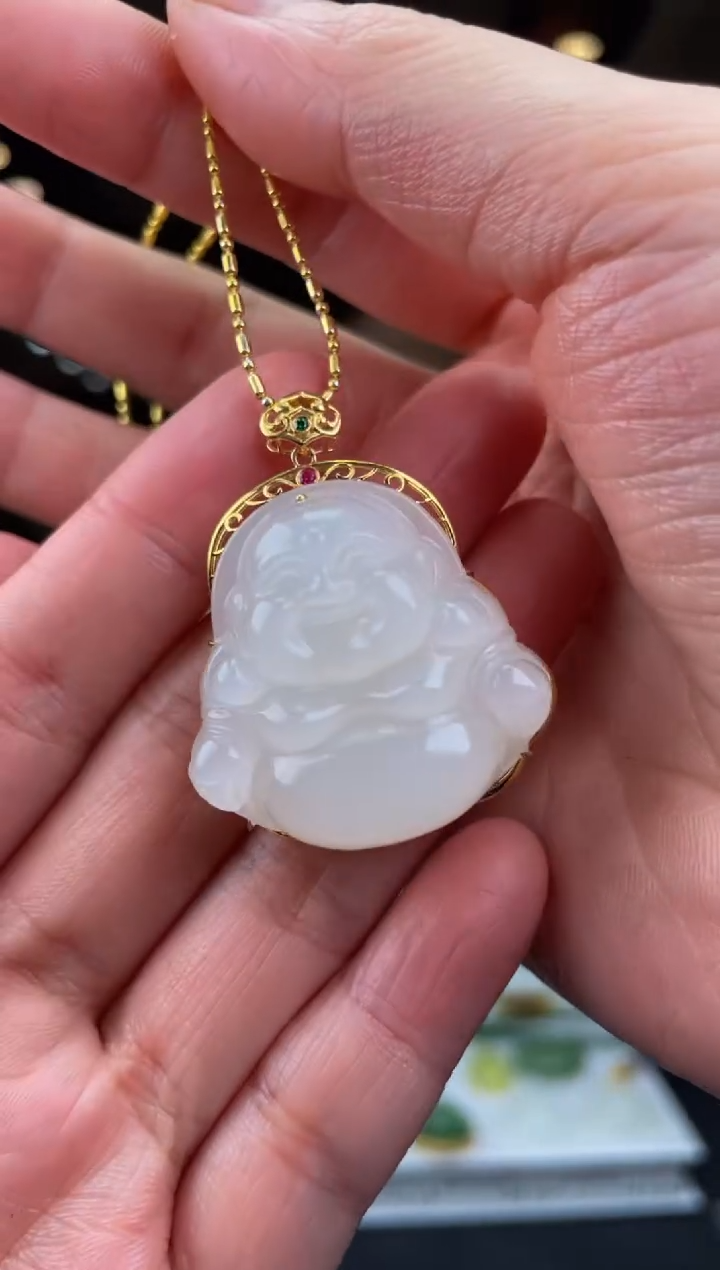 【闪购商品】定制和田玉18K金镶嵌天然和田玉多样性发其一