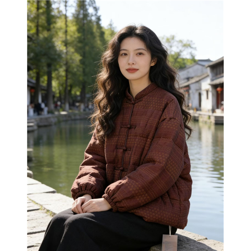 如眸原创设计盘扣棉麻羽绒长袖外套羽绒服ZQ59062