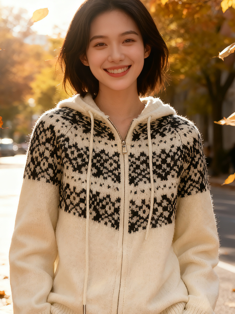 L469100%羊毛七针加厚费尔岛连帽双拉链开衫新款时尚洋气百搭女装