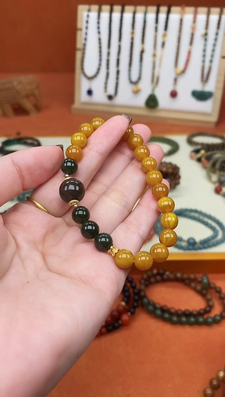 手链蜜蜡未镶嵌单圈蜜蜡和田菠菜绿且末糖手串