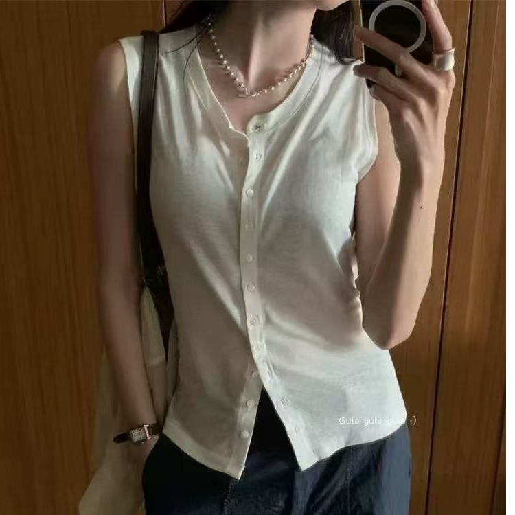 001韩代辣妹纽扣系带无袖上衣