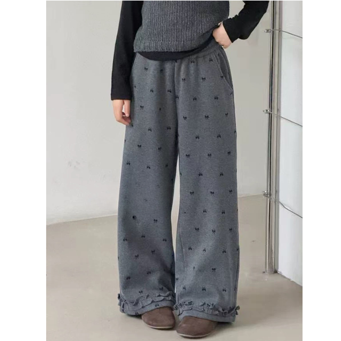 【2025秋冬韩款】加绒儿童蝴蝶结木耳边直筒糯米卫裤x1459