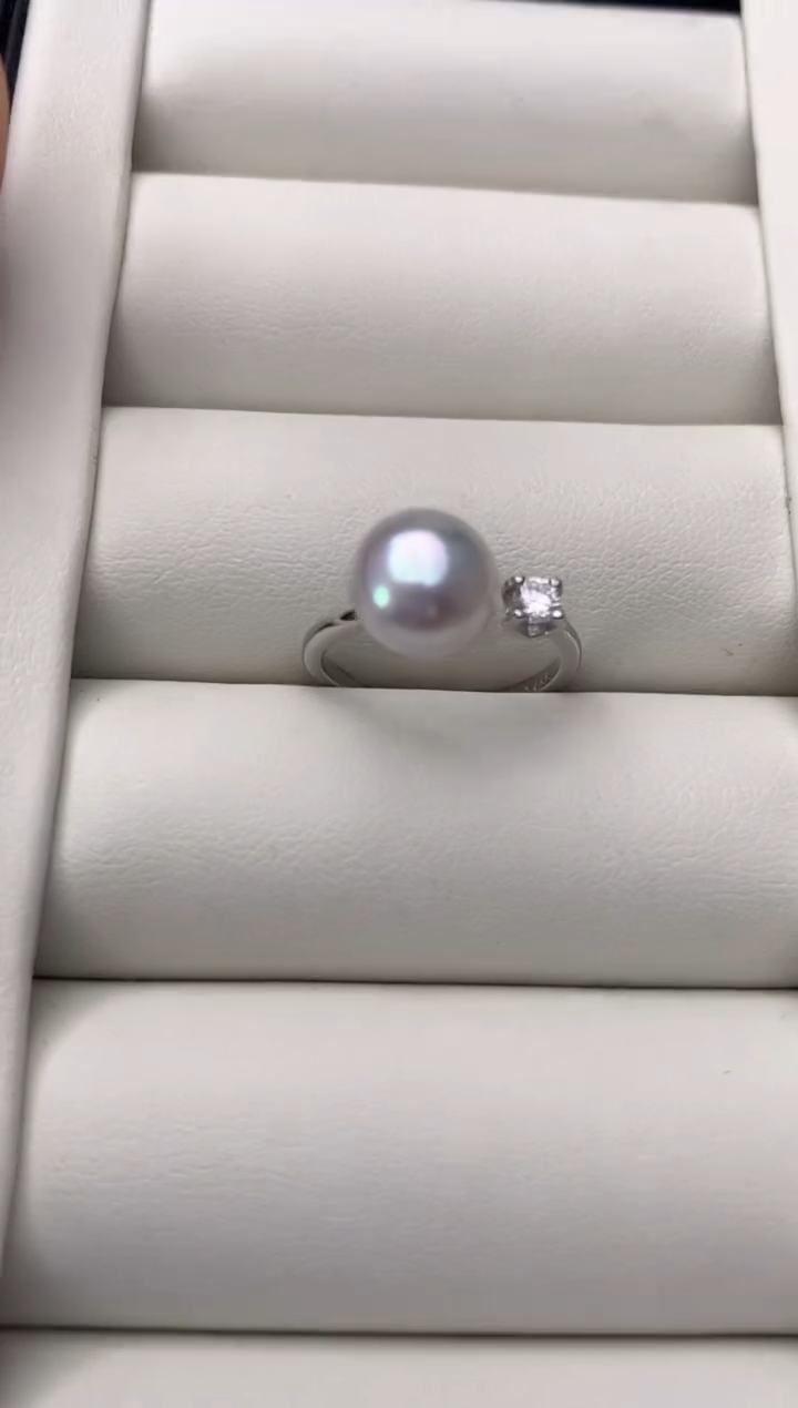 海水珍珠戒指银S925镶嵌8-9mm澳白戒指