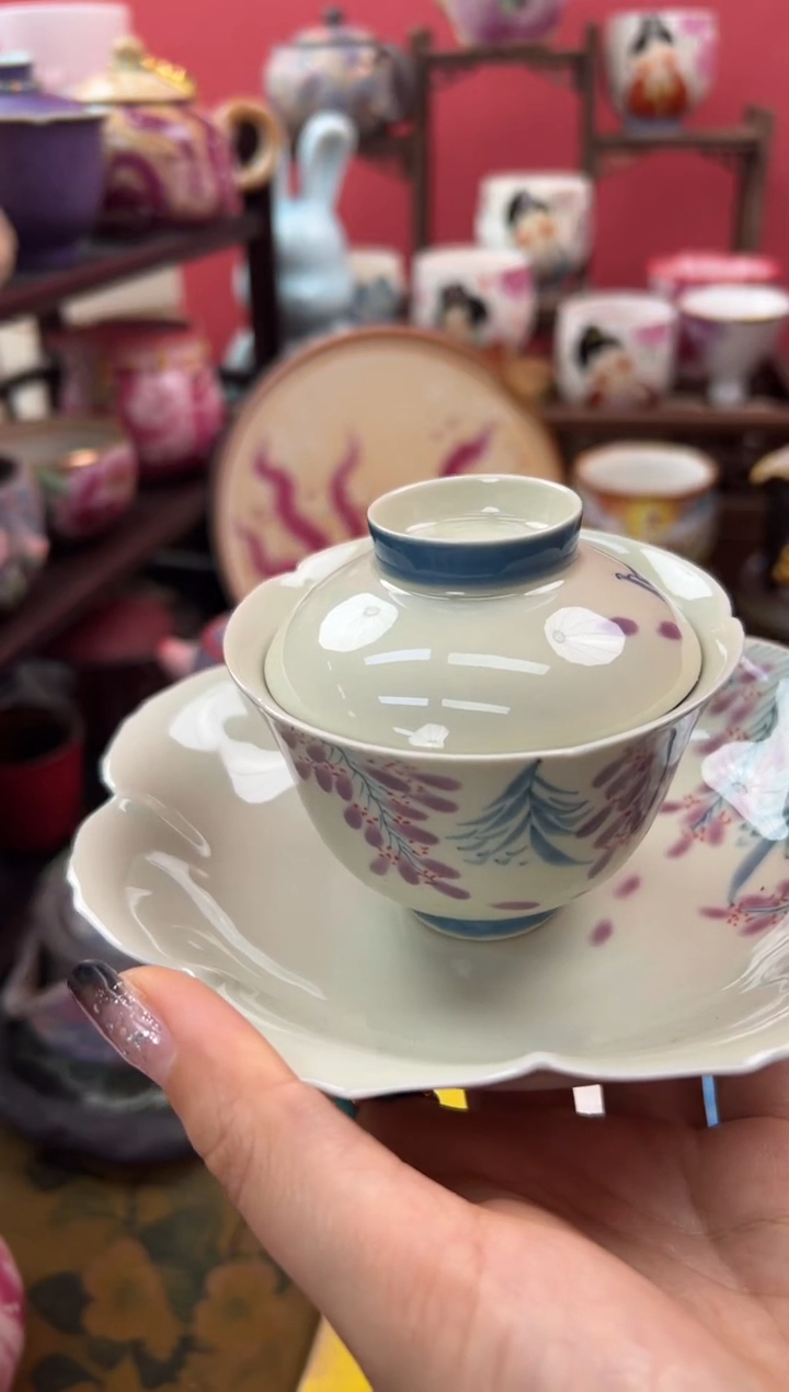 【闪购商品】手绘紫藤花花口三才盖碗