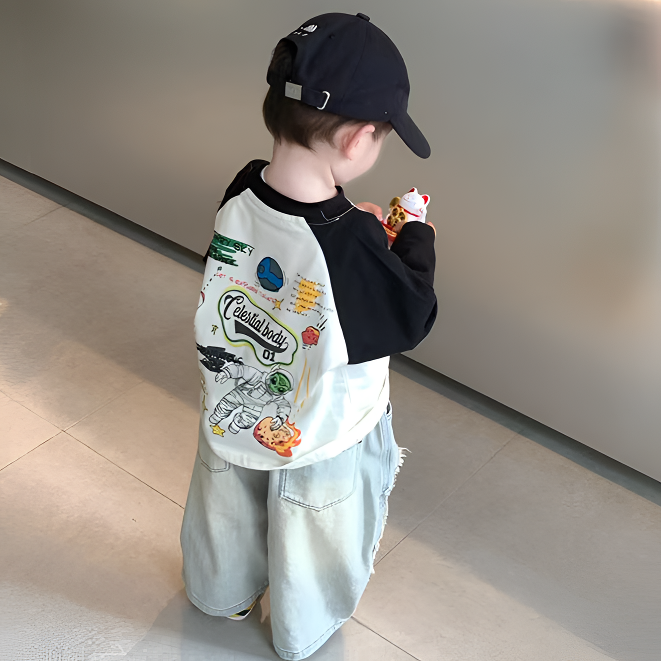 儿童纯棉撞色拼接圆领内搭T恤春装男女童假两件休闲百搭长袖衫