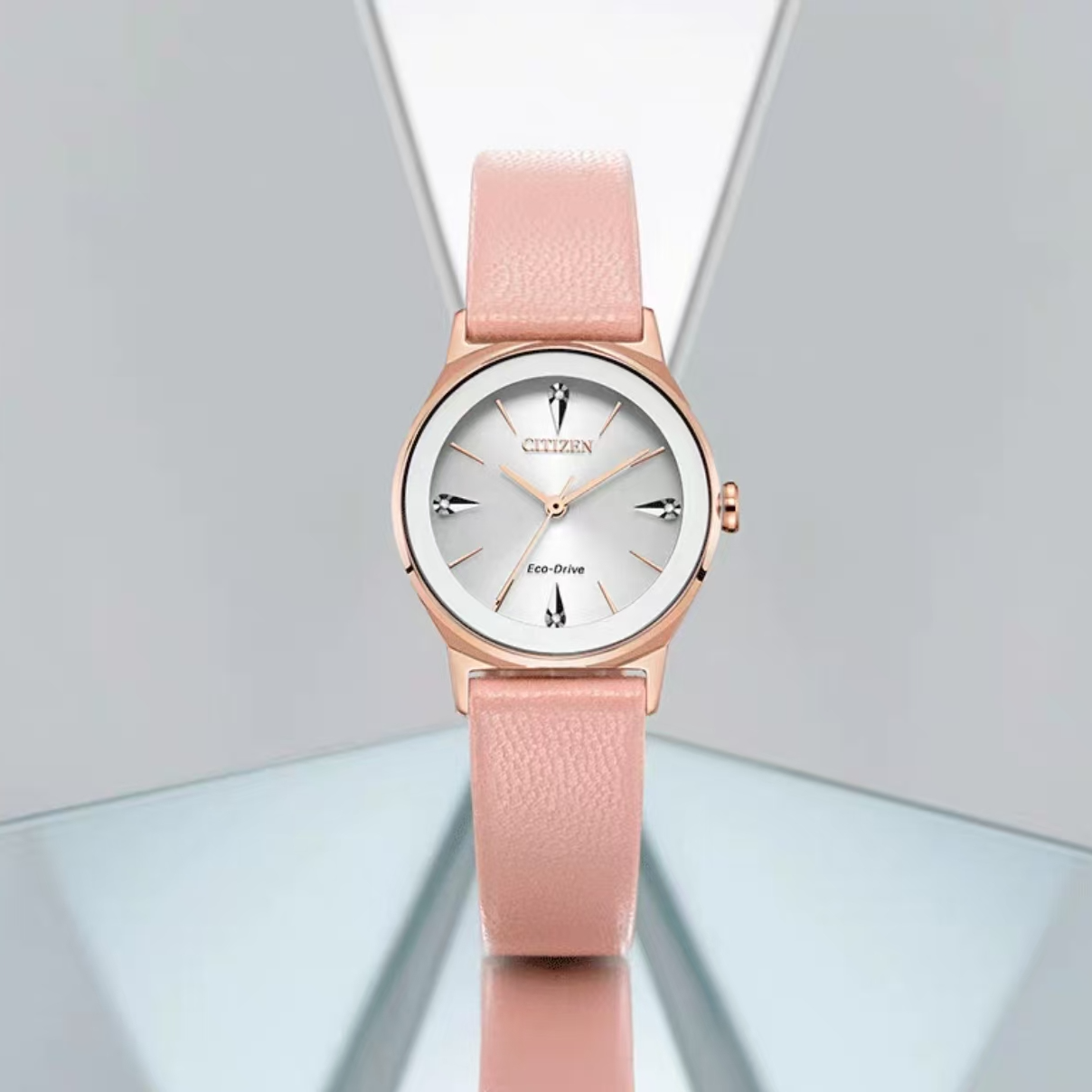 Citizen/西铁城皮带水晶装饰镀粉金色光动能女表EM0733-16A