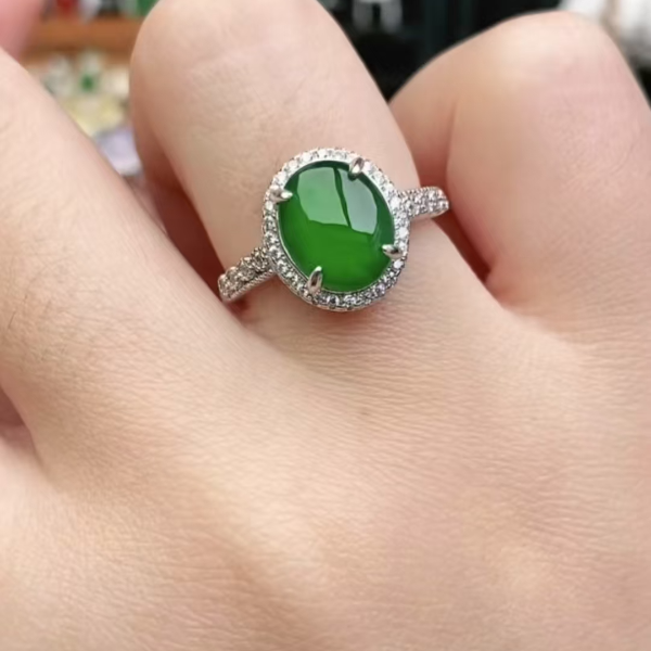 鑫辰珠宝天然A货翡翠银镶嵌设计款开口女戒指时尚百搭
