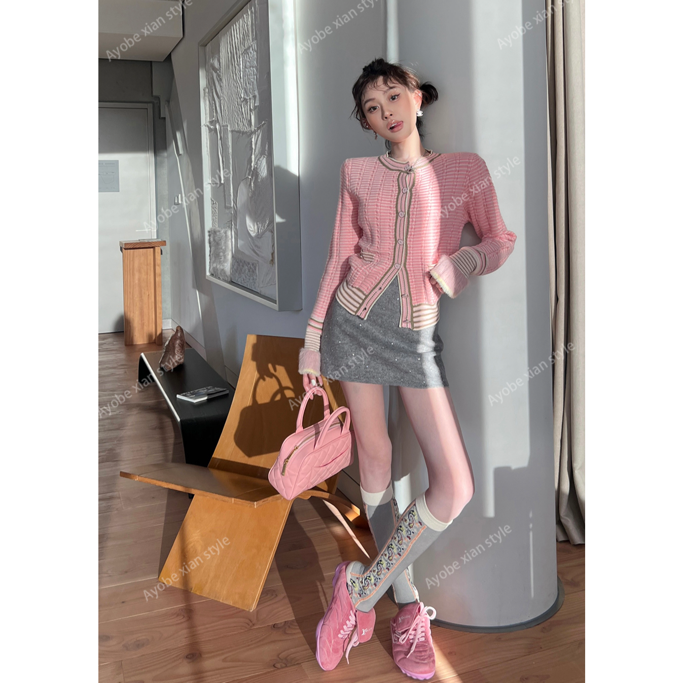 【AYOBE】小贤  甜美少女时髦条纹显瘦小众时尚潮流小香针织开衫