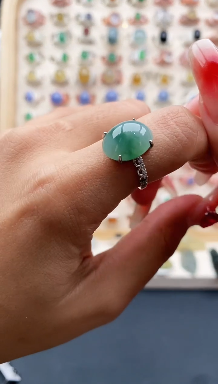 【闪购商品】翡翠戒指银S925镶嵌缅甸天然A货翡翠222 4+3