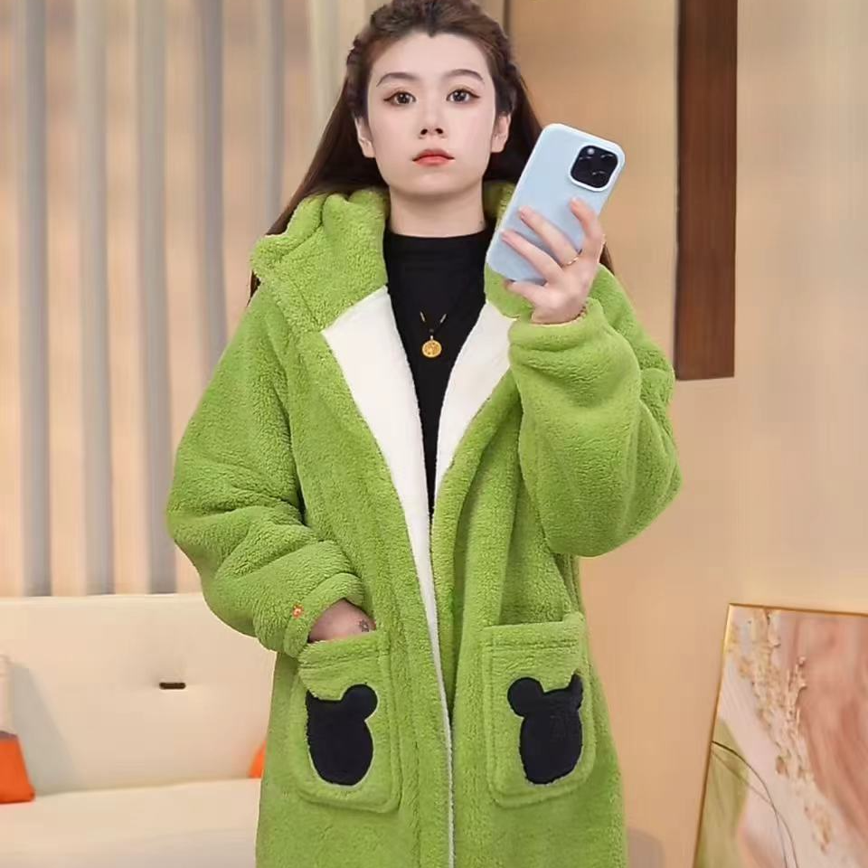 2025升级版加厚小熊新款睡袍家居服连帽款中长款加绒保暖