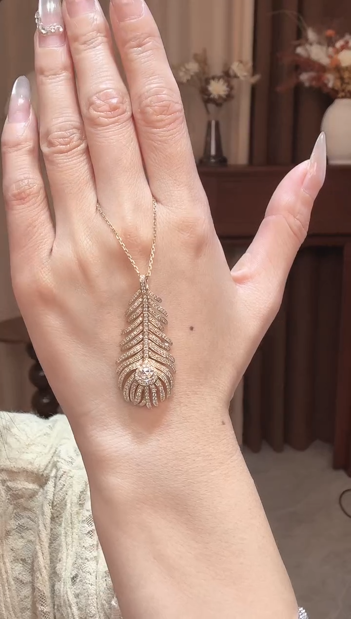 18K金镶嵌颈饰实验室培育钻石羽毛项链k黄